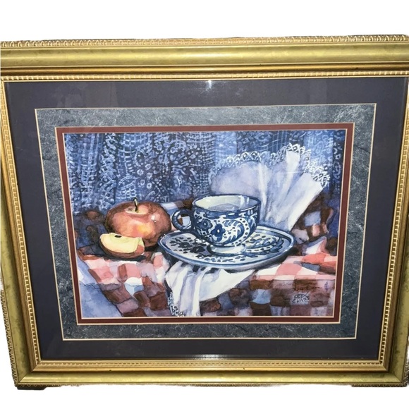Vintage Joy Evans Blue Porcelian Tea Cup Signed, Framed & Matted Print 🍎 - Picture 3 of 9